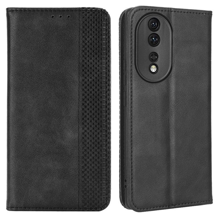 PU Leather Magnetic Auto Closing Phone Cover for Honor 80 5G, Wallet Retro Texture Phone Case Imprinted Pattern Phone Shell - Black