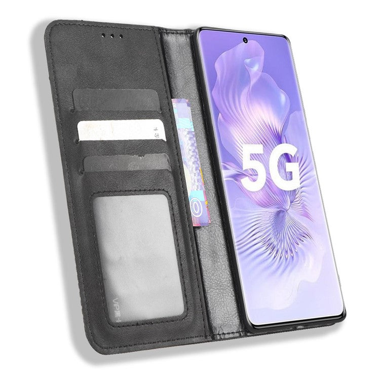 PU Leather Magnetic Auto Closing Phone Cover for Honor 80 5G, Wallet Retro Texture Phone Case Imprinted Pattern Phone Shell - Black