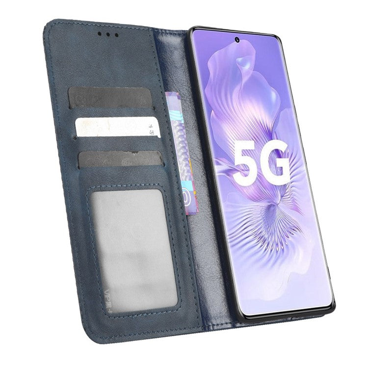 PU Leather Magnetic Auto Closing Phone Cover for Honor 80 5G, Wallet Retro Texture Phone Case Imprinted Pattern Phone Shell - Blue
