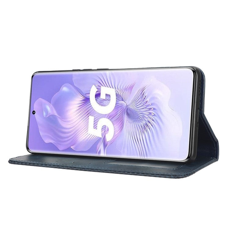 PU Leather Magnetic Auto Closing Phone Cover for Honor 80 5G, Wallet Retro Texture Phone Case Imprinted Pattern Phone Shell - Blue