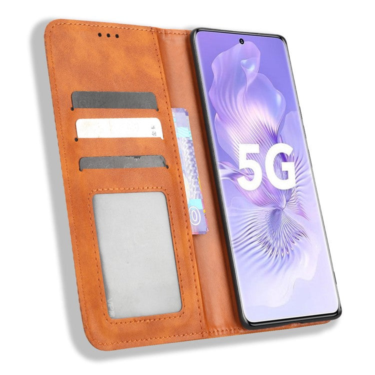 PU Leather Magnetic Auto Closing Phone Cover for Honor 80 5G, Wallet Retro Texture Phone Case Imprinted Pattern Phone Shell - Brown