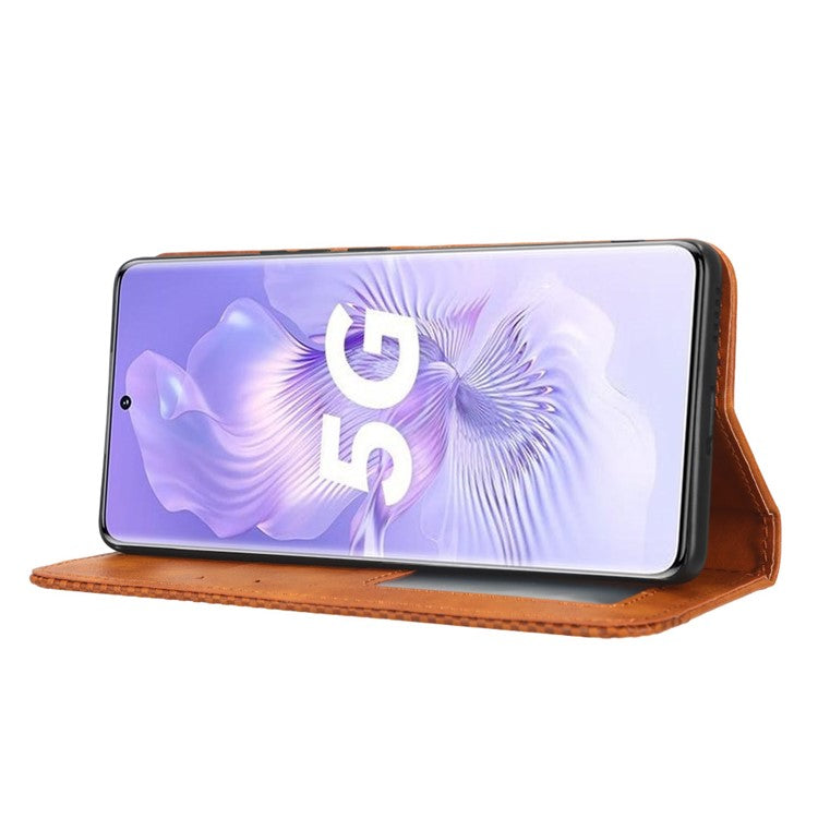 PU Leather Magnetic Auto Closing Phone Cover for Honor 80 5G, Wallet Retro Texture Phone Case Imprinted Pattern Phone Shell - Brown