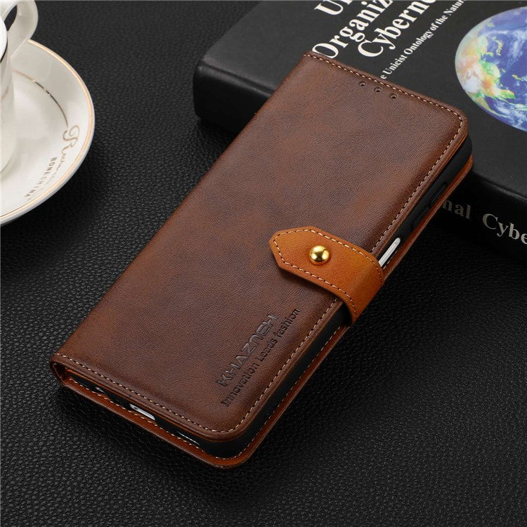 KHAZNEH Anti-fall Flip Phone Cover For Honor 80 SE 5G Cowhide Texture PU Leather Gold Buckle Phone Case Stand Wallet - Brown