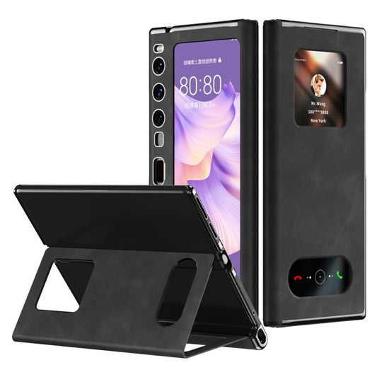 For Huawei Mate Xs 2 Nappa Texture PU Leather Phone Case View Window Stand Full Protection Folding Cover - Black