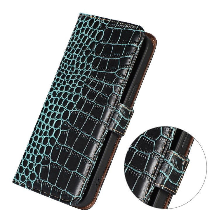 For Honor 80 SE 5G RFID Blocking Full Protection Phone Case Stand Crocodile Texture Genuine Cowhide Leather Cell Phone Wallet Cover - Green