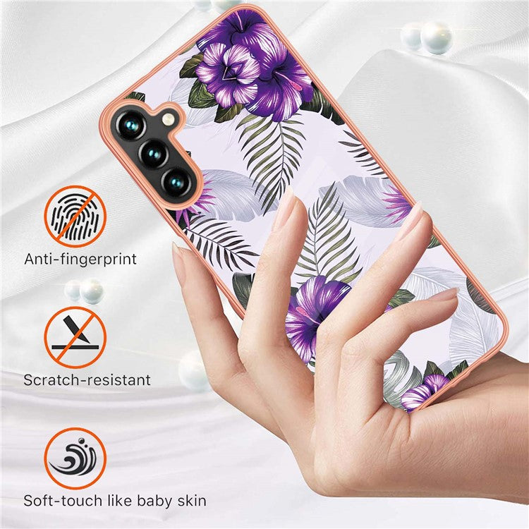 YB IMD Series-1 for Samsung Galaxy A54 5G Collision-proof Marble Floral Pattern IMD IML TPU Phone Case Electroplating Frame Back Cover - Purple Flowers