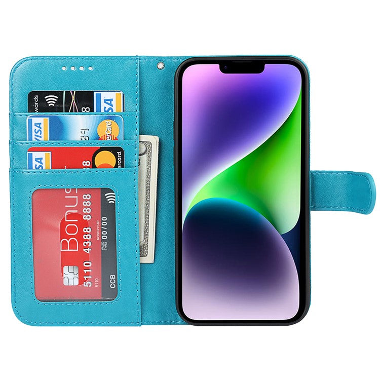For iPhone 14 Plus R61 Texture Felled Seam PU Leather + TPU Viewing Stand Phone Case Pattern Imprinted Wallet Cover - Blue