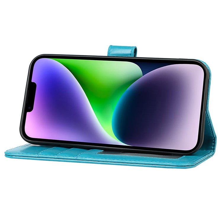 For iPhone 14 Plus R61 Texture Felled Seam PU Leather + TPU Viewing Stand Phone Case Pattern Imprinted Wallet Cover - Blue