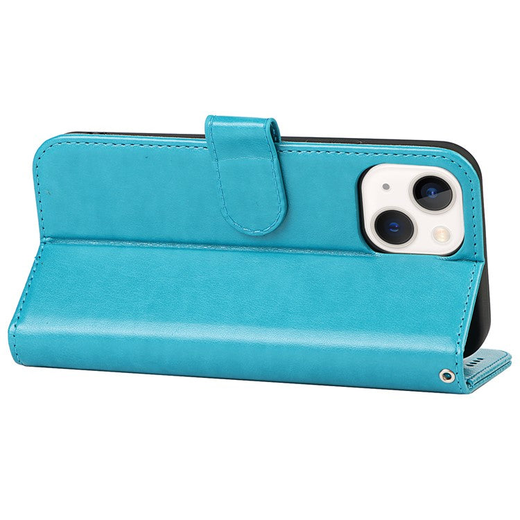 For iPhone 14 Plus R61 Texture Felled Seam PU Leather + TPU Viewing Stand Phone Case Pattern Imprinted Wallet Cover - Blue