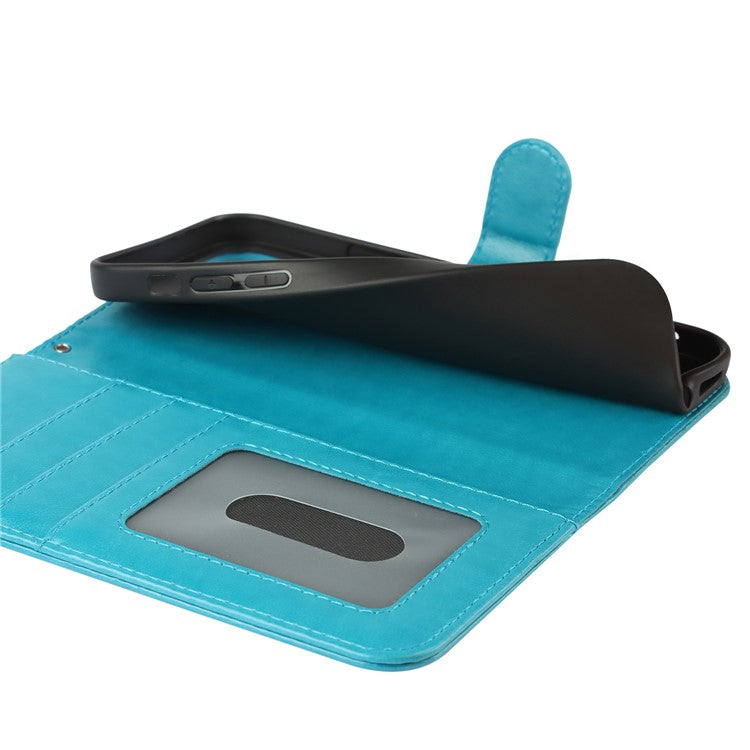 For iPhone 14 Plus R61 Texture Felled Seam PU Leather + TPU Viewing Stand Phone Case Pattern Imprinted Wallet Cover - Blue