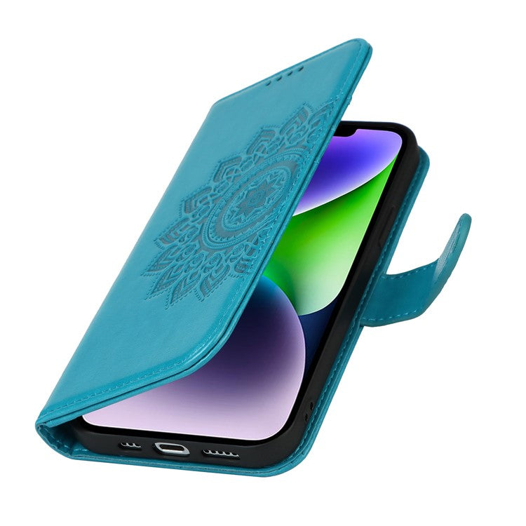 For iPhone 14 Plus R61 Texture Felled Seam PU Leather + TPU Viewing Stand Phone Case Pattern Imprinted Wallet Cover - Blue