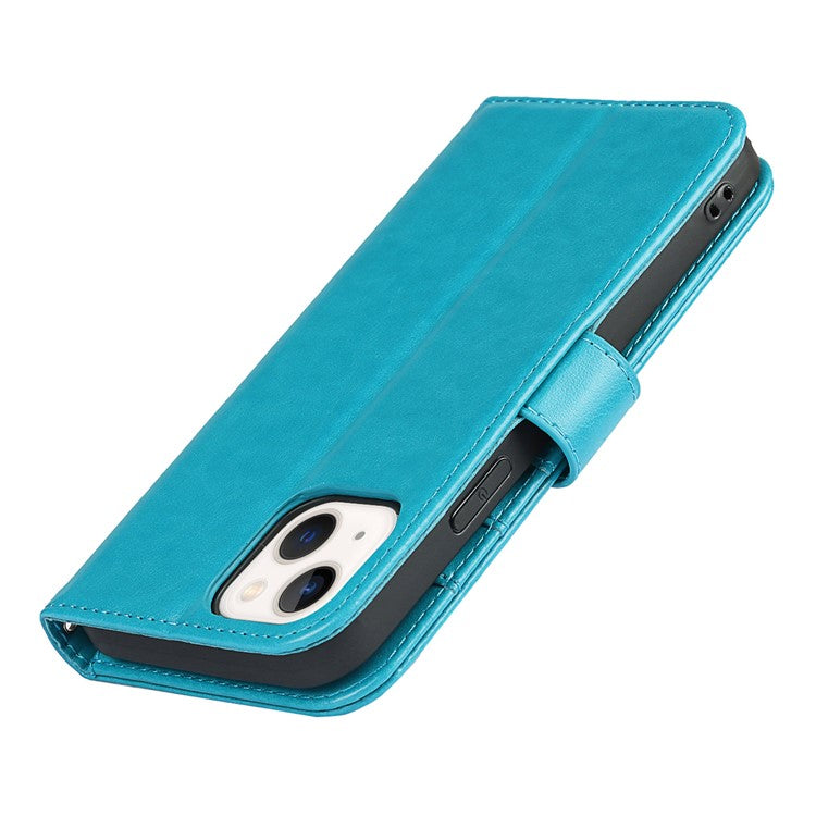 For iPhone 14 Plus R61 Texture Felled Seam PU Leather + TPU Viewing Stand Phone Case Pattern Imprinted Wallet Cover - Blue
