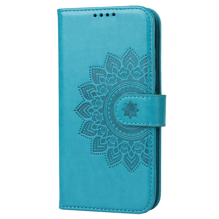 For iPhone 14 Plus R61 Texture Felled Seam PU Leather + TPU Viewing Stand Phone Case Pattern Imprinted Wallet Cover - Blue