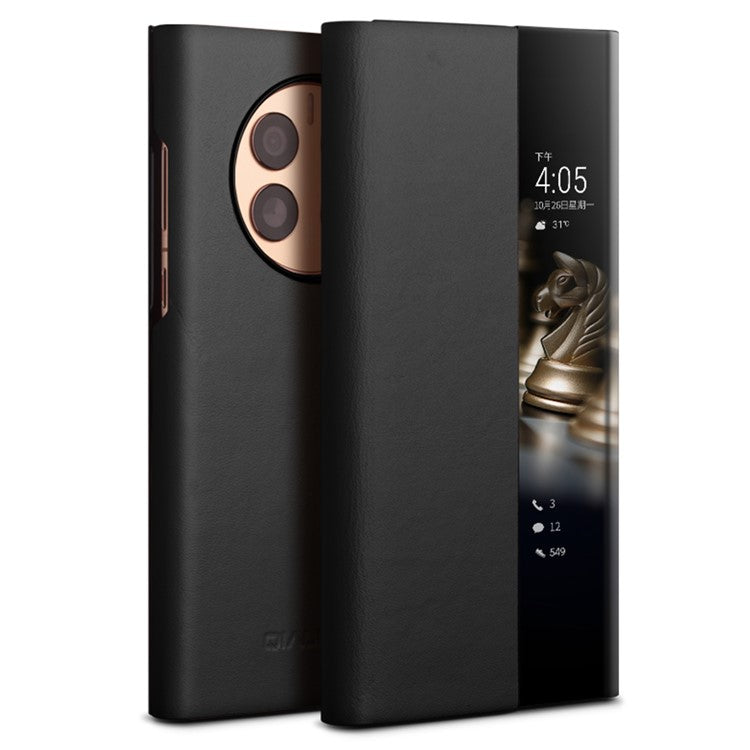 QIALINO Ultra-Thin Phone Case for Huawei Mate 50 4G Genuine Cowhide Leather Cover Anti-Drop Shockproof Case with Smart View Window - Black