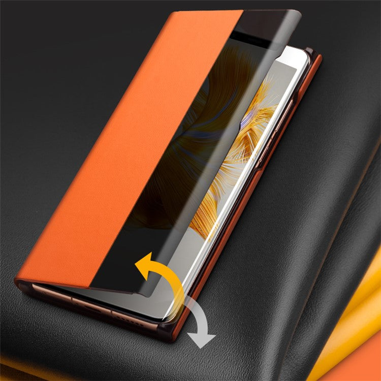 QIALINO Ultra-Thin Phone Case for Huawei Mate 50 4G Genuine Cowhide Leather Cover Anti-Drop Shockproof Case with Smart View Window - Black