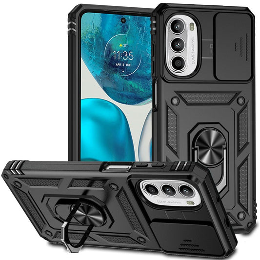 Protective Phone Case for Motorola Moto G52 4G / G82 5G, PC + TPU Shockproof Phone Cover Metal Ring Kickstand Sliding Camera Protector - Black