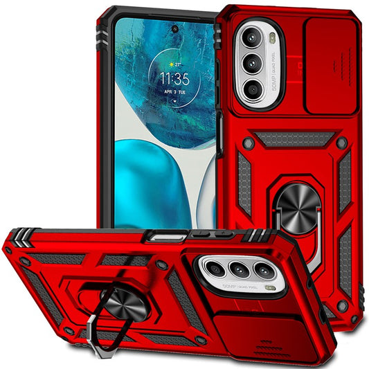 Protective Phone Case for Motorola Moto G52 4G / G82 5G, PC + TPU Shockproof Phone Cover Metal Ring Kickstand Sliding Camera Protector - Red