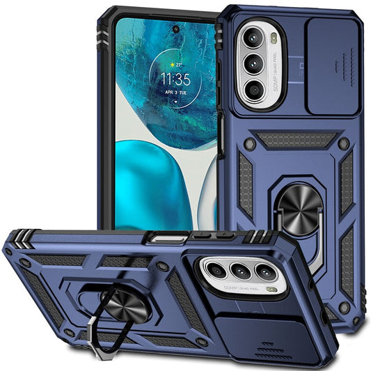 Protective Phone Case for Motorola Moto G52 4G / G82 5G, PC + TPU Shockproof Phone Cover Metal Ring Kickstand Sliding Camera Protector - Blue