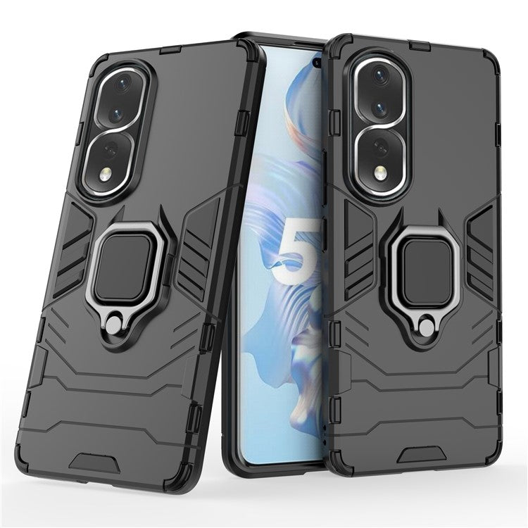 Ring Holder Kickstand Phone Case for Honor 80 Pro 5G, Hard PC + Soft TPU Shockproof Protective Cover - Black