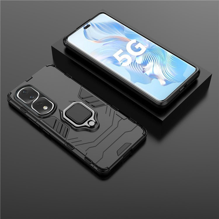 Ring Holder Kickstand Phone Case for Honor 80 Pro 5G, Hard PC + Soft TPU Shockproof Protective Cover - Black