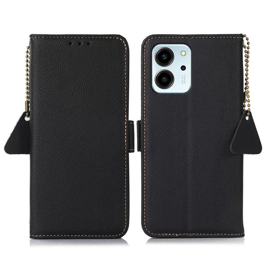 TJ Series For Honor 80 SE 5G RFID Blocking Cell Phone Cover Genuine Cowhide Leather Wallet Stand Full Protection Phone Case - Black