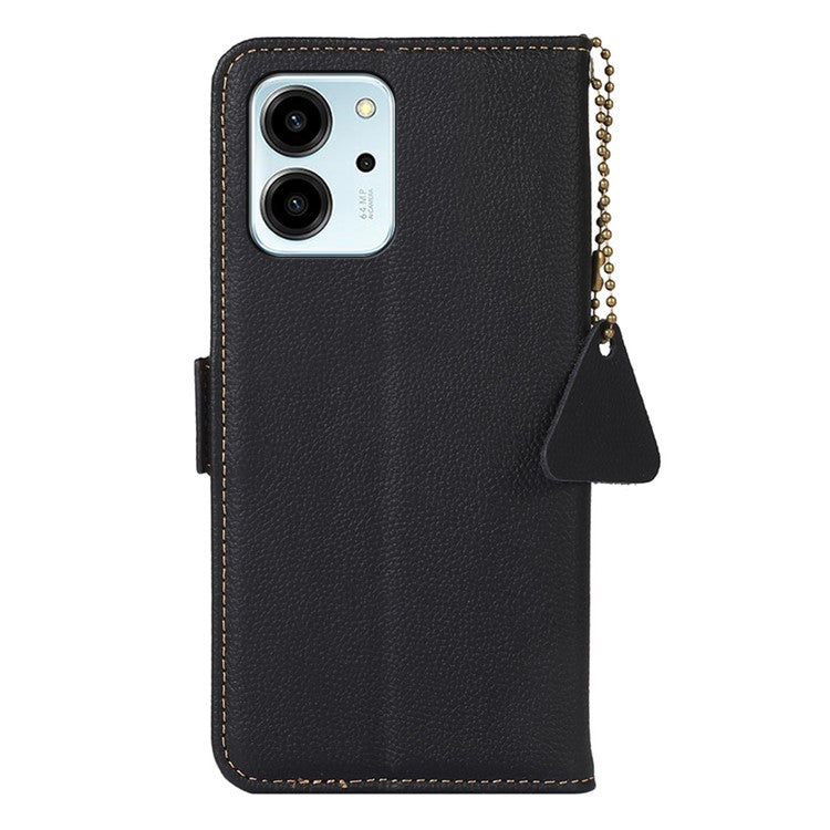 TJ Series For Honor 80 SE 5G RFID Blocking Cell Phone Cover Genuine Cowhide Leather Wallet Stand Full Protection Phone Case - Black