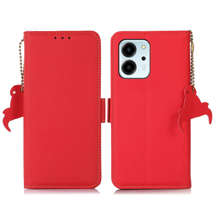 TJ Series For Honor 80 SE 5G RFID Blocking Cell Phone Cover Genuine Cowhide Leather Wallet Stand Full Protection Phone Case - Red