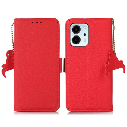 TJ Series For Honor 80 SE 5G RFID Blocking Cell Phone Cover Genuine Cowhide Leather Wallet Stand Full Protection Phone Case - Red