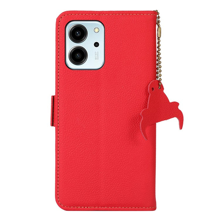 TJ Series For Honor 80 SE 5G RFID Blocking Cell Phone Cover Genuine Cowhide Leather Wallet Stand Full Protection Phone Case - Red