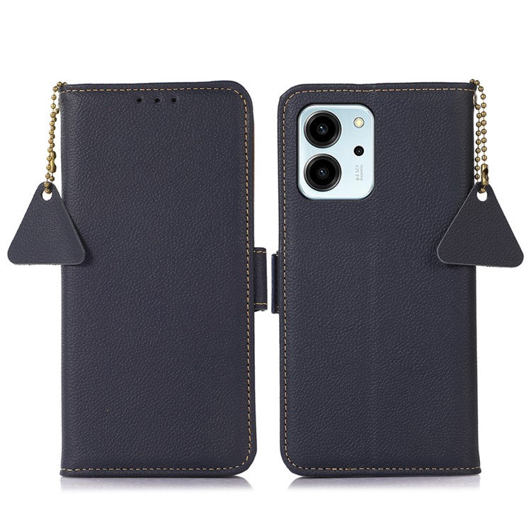 TJ Series For Honor 80 SE 5G RFID Blocking Cell Phone Cover Genuine Cowhide Leather Wallet Stand Full Protection Phone Case - Blue