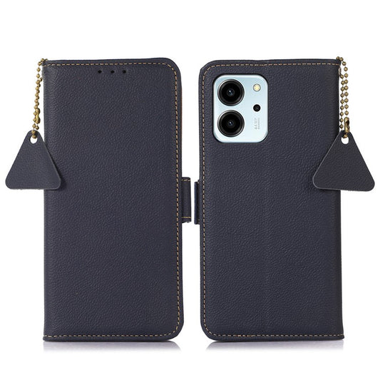 TJ Series For Honor 80 SE 5G RFID Blocking Cell Phone Cover Genuine Cowhide Leather Wallet Stand Full Protection Phone Case - Blue