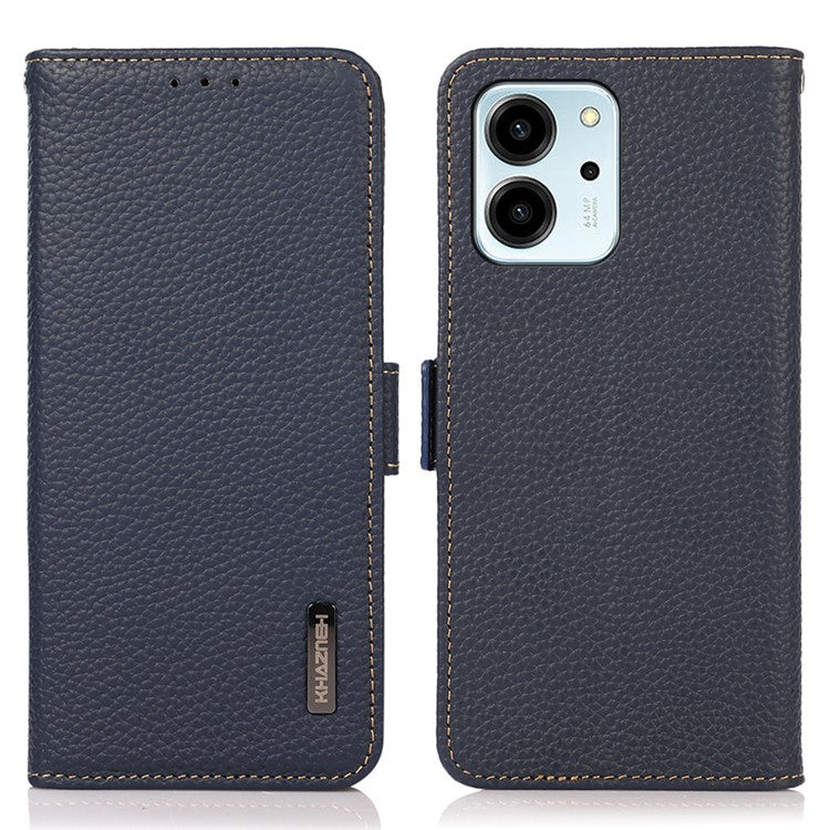 KHAZNEH RFID Blocking Phone Case for Honor 80 SE 5G Magnetic Closure Litchi Texture Genuine Leather Stand Anti-scratch Phone Flip Wallet Cover - Blue
