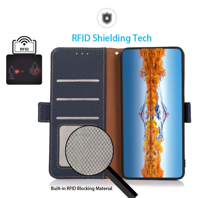 KHAZNEH RFID Blocking Phone Case for Honor 80 SE 5G Magnetic Closure Litchi Texture Genuine Leather Stand Anti-scratch Phone Flip Wallet Cover - Blue