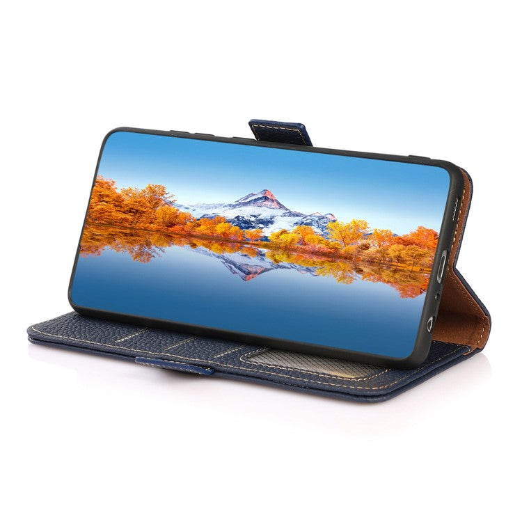 KHAZNEH RFID Blocking Phone Case for Honor 80 SE 5G Magnetic Closure Litchi Texture Genuine Leather Stand Anti-scratch Phone Flip Wallet Cover - Blue