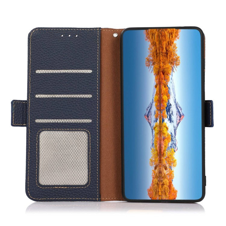KHAZNEH RFID Blocking Phone Case for Honor 80 SE 5G Magnetic Closure Litchi Texture Genuine Leather Stand Anti-scratch Phone Flip Wallet Cover - Blue