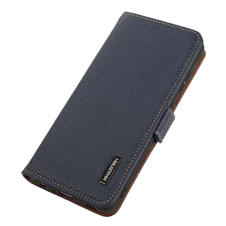 KHAZNEH RFID Blocking Phone Case for Honor 80 SE 5G Magnetic Closure Litchi Texture Genuine Leather Stand Anti-scratch Phone Flip Wallet Cover - Blue