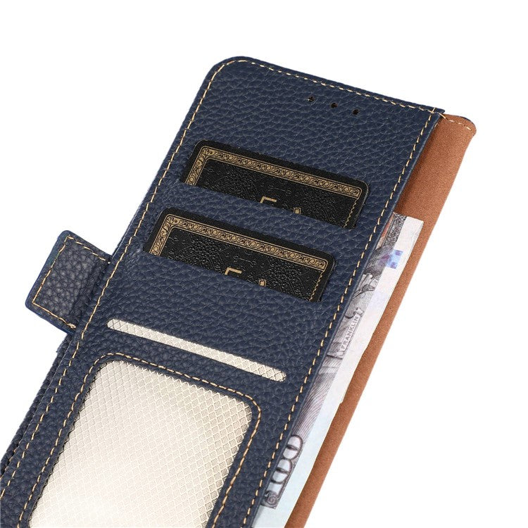 KHAZNEH RFID Blocking Phone Case for Honor 80 SE 5G Magnetic Closure Litchi Texture Genuine Leather Stand Anti-scratch Phone Flip Wallet Cover - Blue