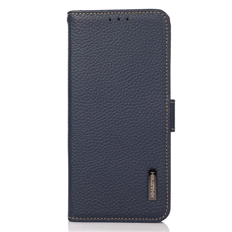 KHAZNEH RFID Blocking Phone Case for Honor 80 SE 5G Magnetic Closure Litchi Texture Genuine Leather Stand Anti-scratch Phone Flip Wallet Cover - Blue
