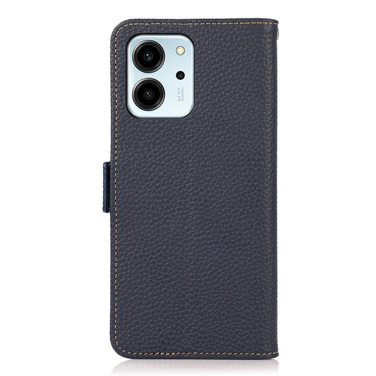 KHAZNEH RFID Blocking Phone Case for Honor 80 SE 5G Magnetic Closure Litchi Texture Genuine Leather Stand Anti-scratch Phone Flip Wallet Cover - Blue