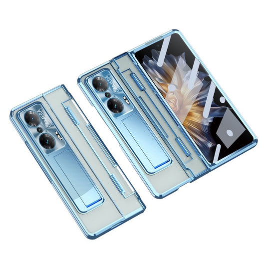 For Honor Magic Vs Ultimate 5G / Magic Vs 5G Kickstand Transparent Phone Case Electroplating Anti-drop PC Cover with Tempered Glass Film - Blue