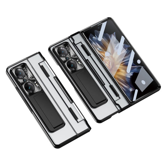 For Honor Magic Vs Ultimate 5G / Magic Vs 5G Kickstand Transparent Phone Case Electroplating Anti-drop PC Cover with Tempered Glass Film - Black