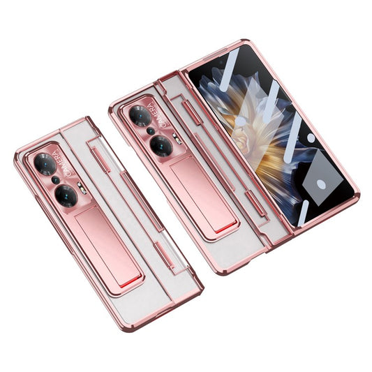 For Honor Magic Vs Ultimate 5G / Magic Vs 5G Kickstand Transparent Phone Case Electroplating Anti-drop PC Cover with Tempered Glass Film - Rose Gold