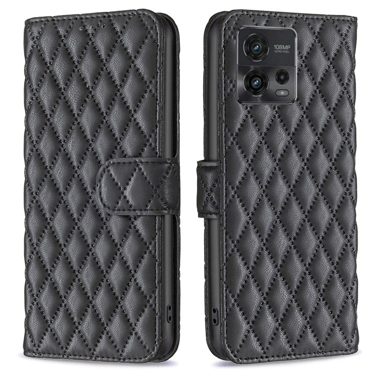 BINFEN COLOR BF Style-14 For Motorola Moto G72 4G Imprinted Rhombus Pattern Phone Case PU Leather Wallet Stand Shockproof Cell Phone Cover - Black