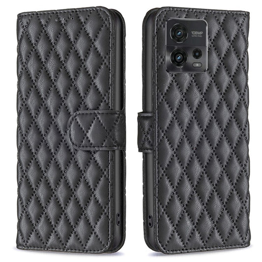 BINFEN COLOR BF Style-14 For Motorola Moto G72 4G Imprinted Rhombus Pattern Phone Case PU Leather Wallet Stand Shockproof Cell Phone Cover - Black