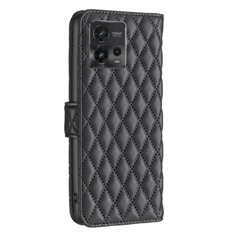 BINFEN COLOR BF Style-14 For Motorola Moto G72 4G Imprinted Rhombus Pattern Phone Case PU Leather Wallet Stand Shockproof Cell Phone Cover - Black