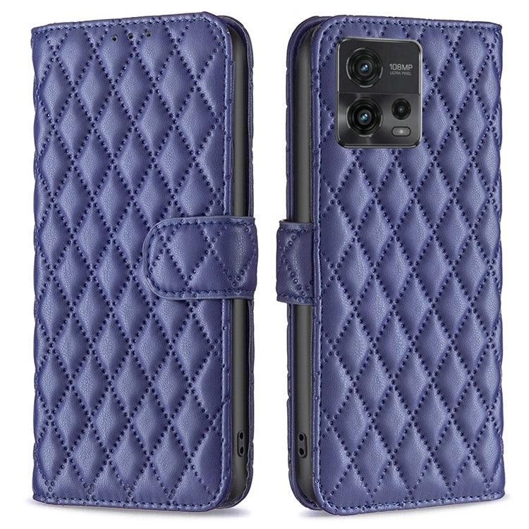 BINFEN COLOR BF Style-14 For Motorola Moto G72 4G Imprinted Rhombus Pattern Phone Case PU Leather Wallet Stand Shockproof Cell Phone Cover - Blue