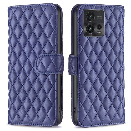 BINFEN COLOR BF Style-14 For Motorola Moto G72 4G Imprinted Rhombus Pattern Phone Case PU Leather Wallet Stand Shockproof Cell Phone Cover - Blue
