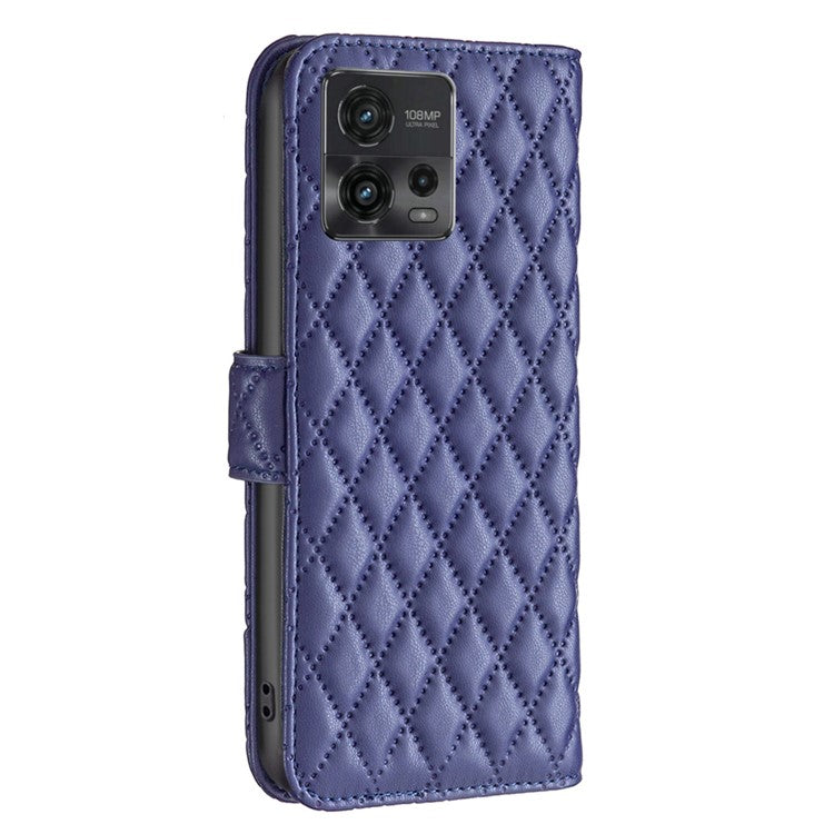 BINFEN COLOR BF Style-14 For Motorola Moto G72 4G Imprinted Rhombus Pattern Phone Case PU Leather Wallet Stand Shockproof Cell Phone Cover - Blue