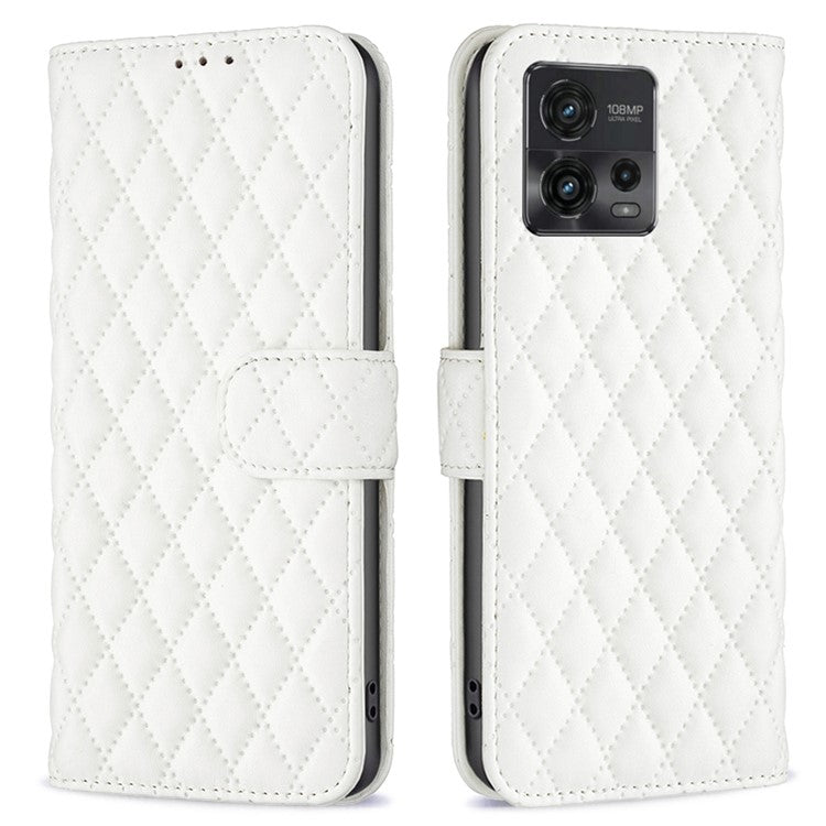 BINFEN COLOR BF Style-14 For Motorola Moto G72 4G Imprinted Rhombus Pattern Phone Case PU Leather Wallet Stand Shockproof Cell Phone Cover - White