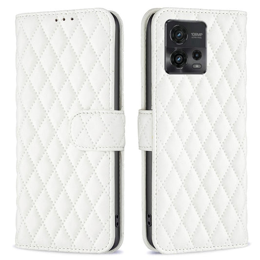 BINFEN COLOR BF Style-14 For Motorola Moto G72 4G Imprinted Rhombus Pattern Phone Case PU Leather Wallet Stand Shockproof Cell Phone Cover - White